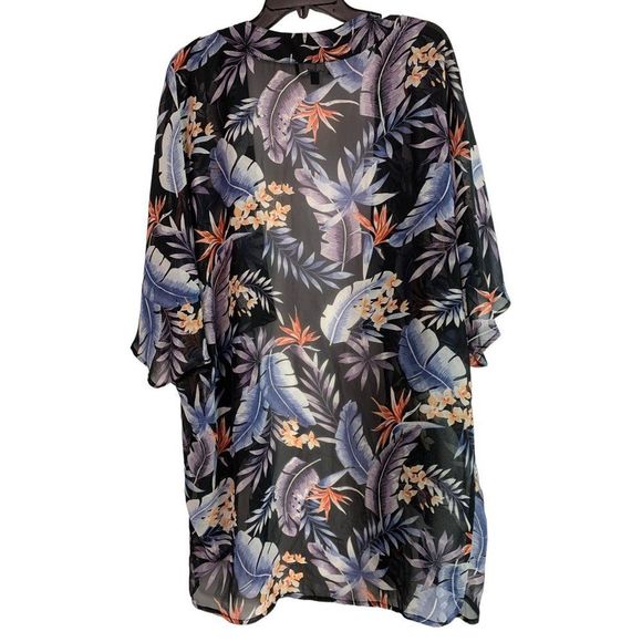 Kimono Sheer Swim Cover S/M Lulus Tie Front Band Collar Cutaway Front 6283 - Picture 6 of 7